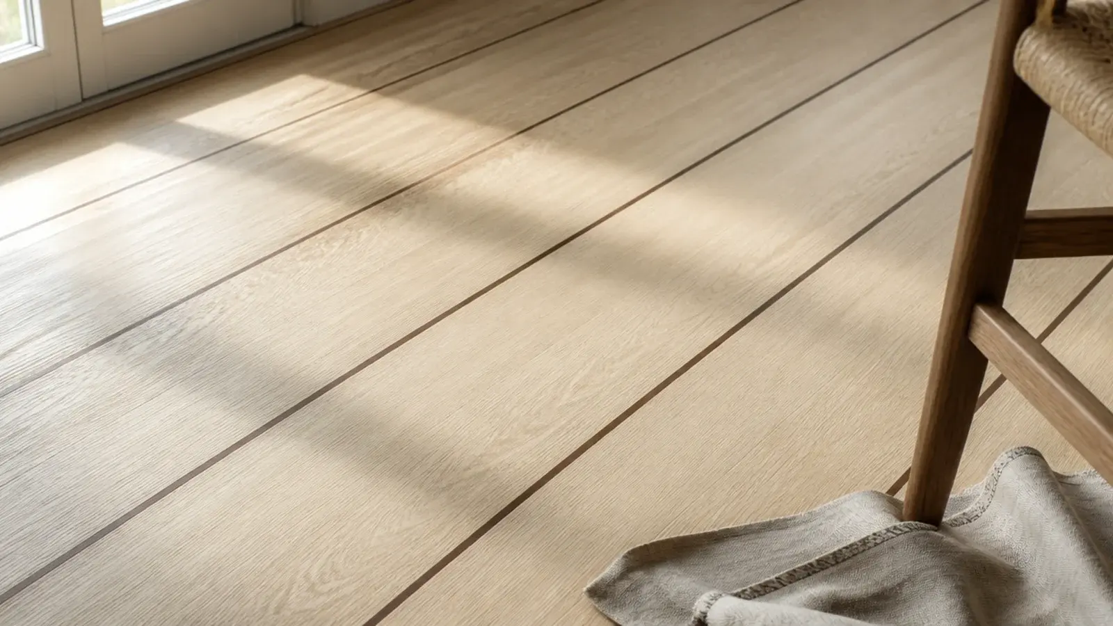 thin dark stringer lines set between groups of pale floorboards