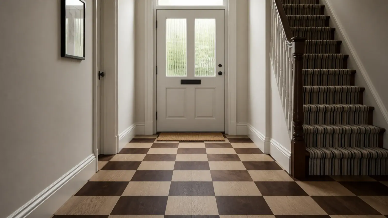 pale and dark timber squares alternating across a hallway chequer floor