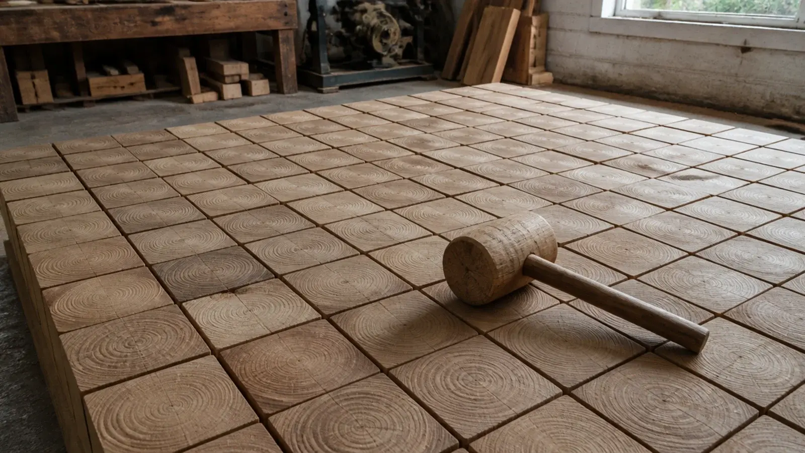 end grain timber blocks laid in a tight grid showing growth rings