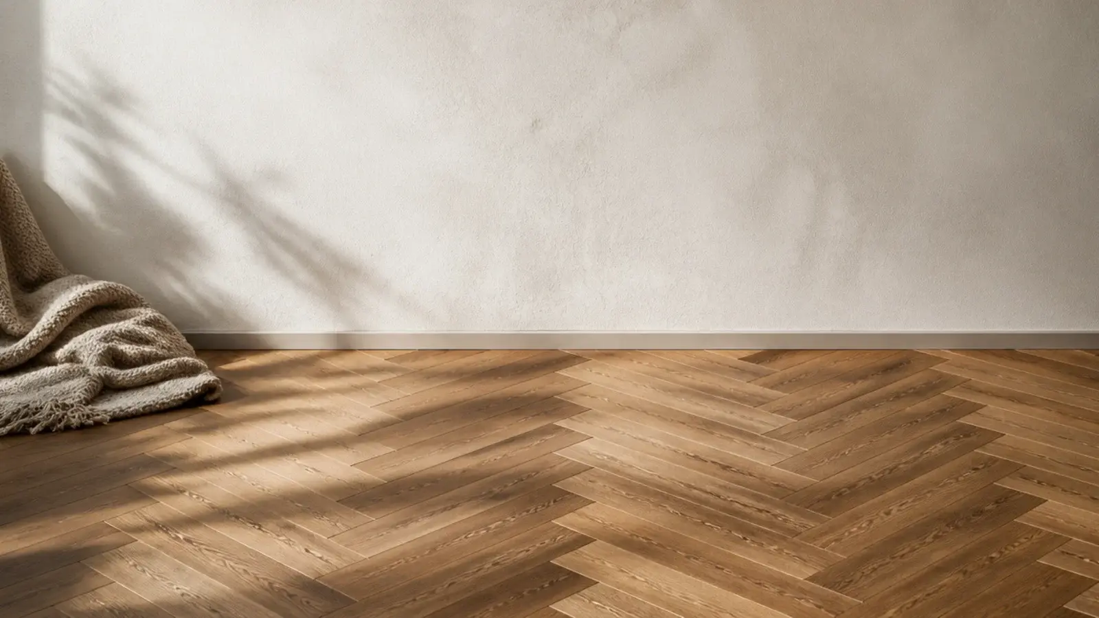 tall view of a herringbone wooden flooring pattern beside a pale wall