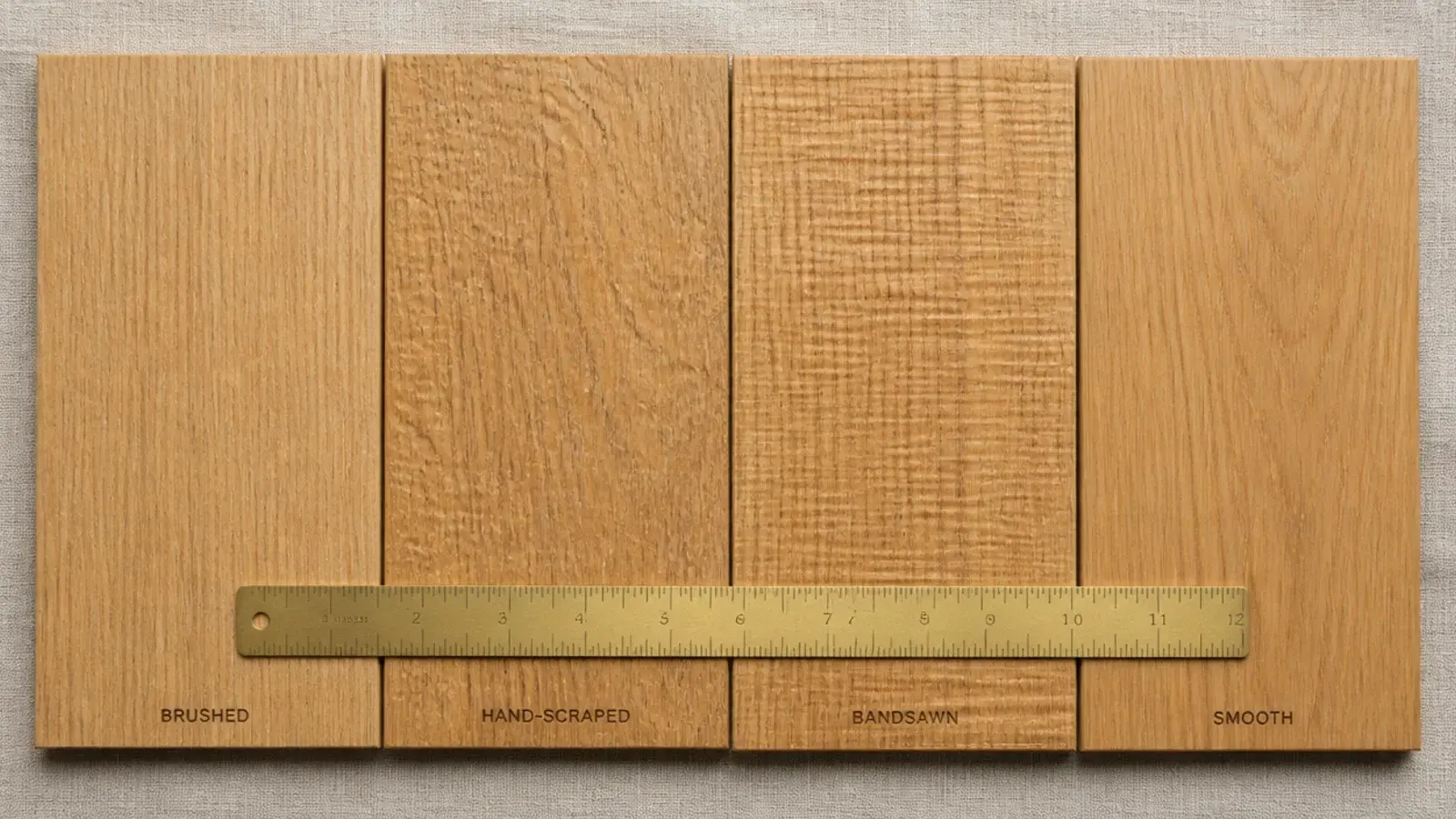 four oak samples showing brushed scraped sawn and smooth surfaces together