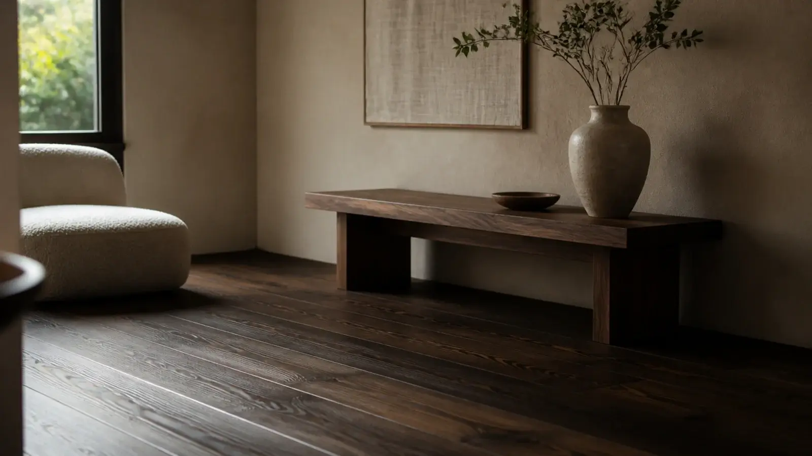 smoked oak boards with brushed grain showing deep brown tone throughout