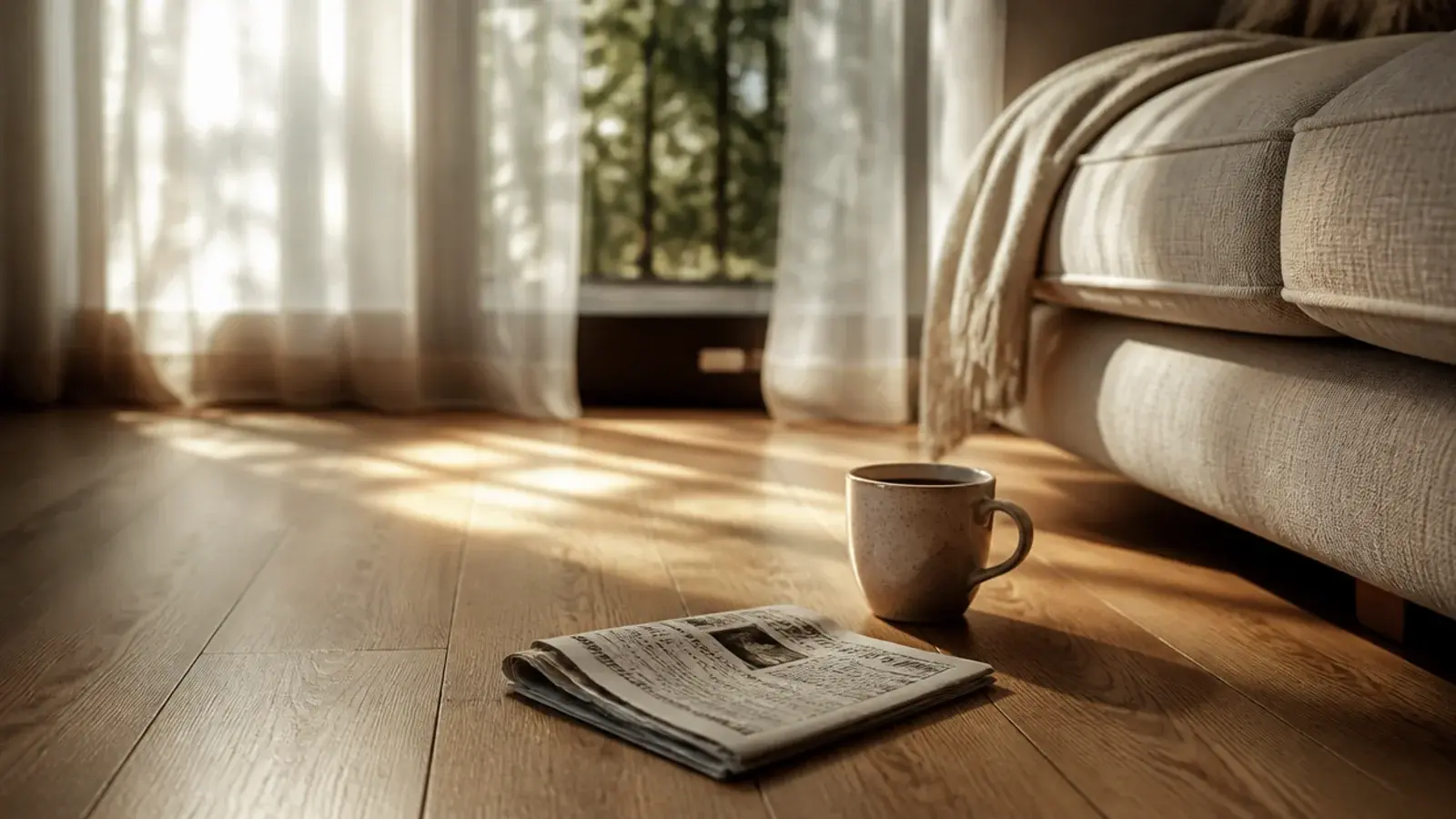 satin finished oak floor with a soft controlled sheen near a sofa