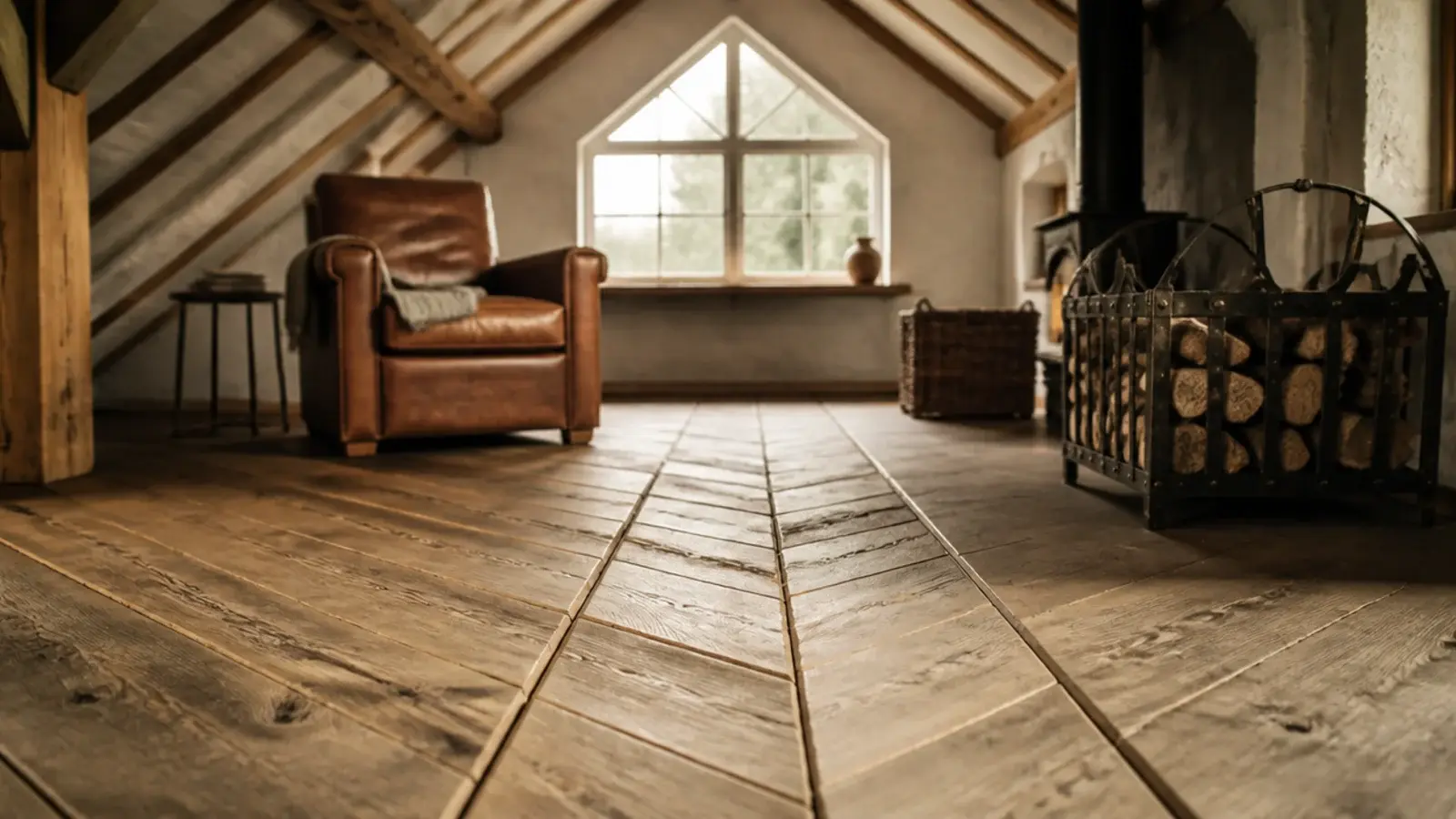 wide chamfered board edges cutting deep grooves across a rustic floor
