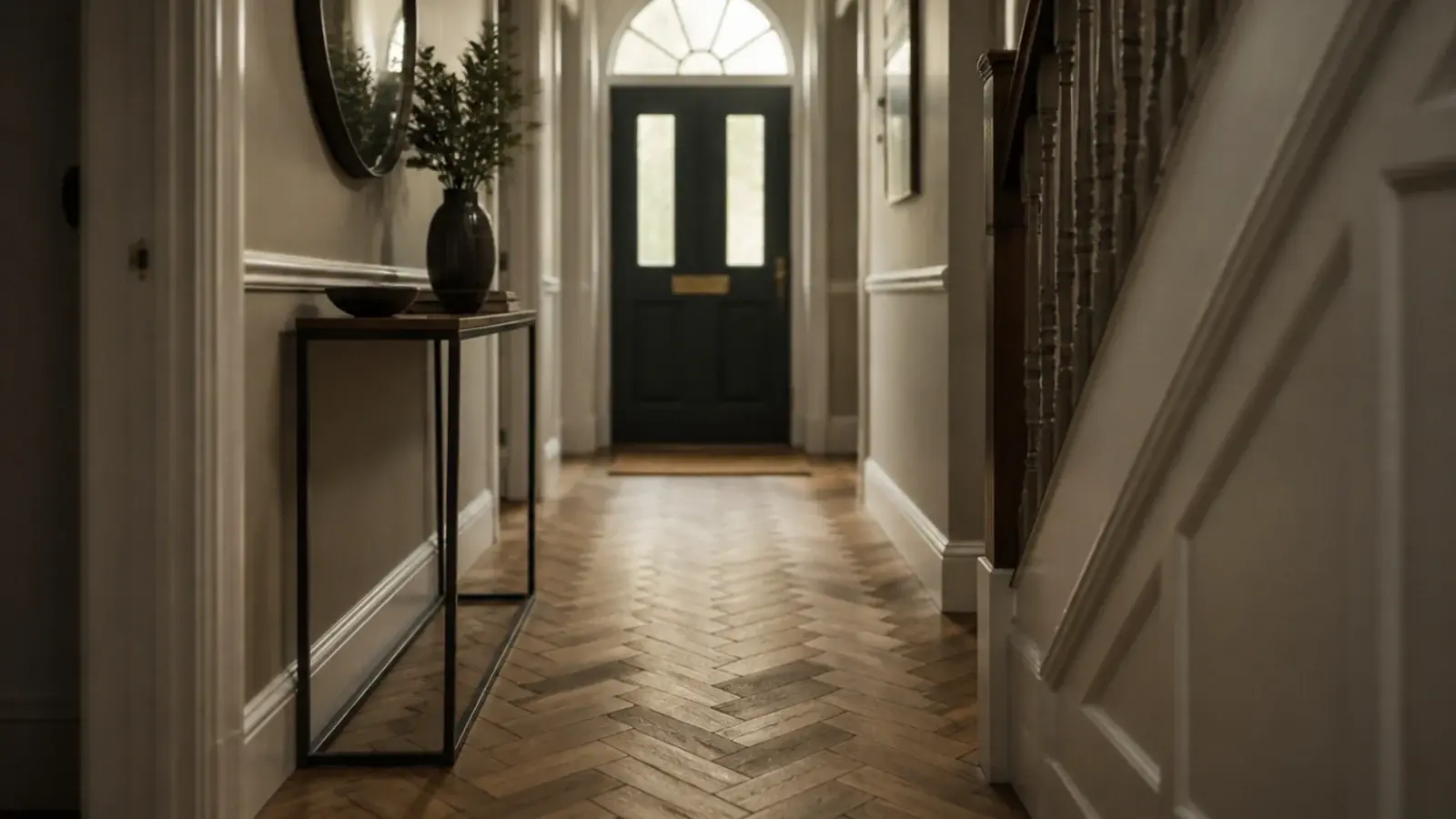 solid oak parquet blocks laid in a tight herringbone across a hall