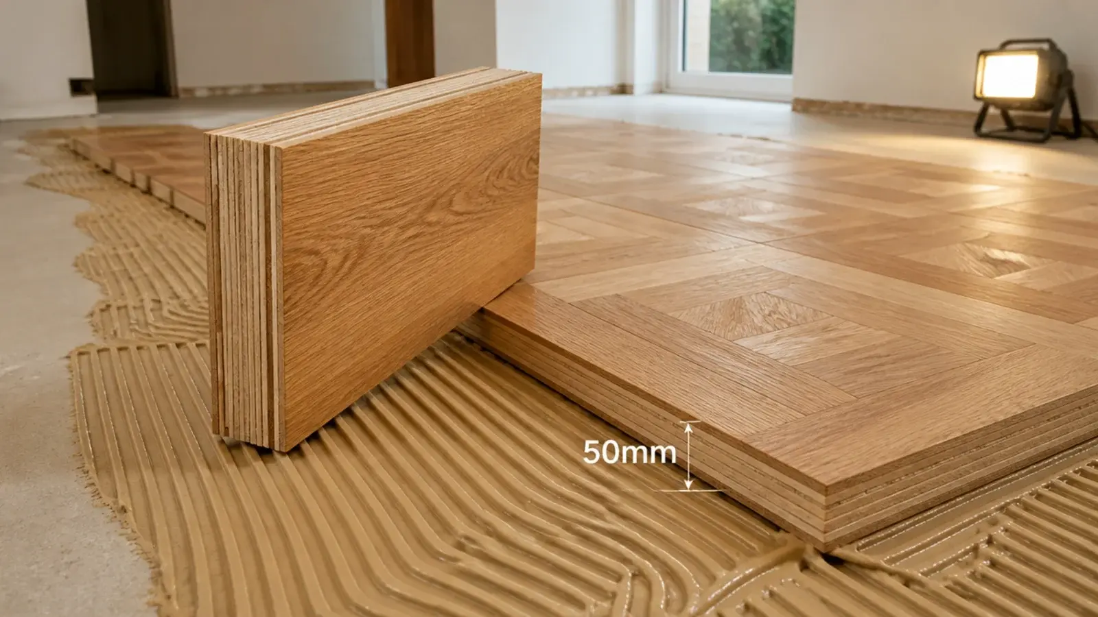 large engineered parquet blocks with a thick oak wear layer being laid