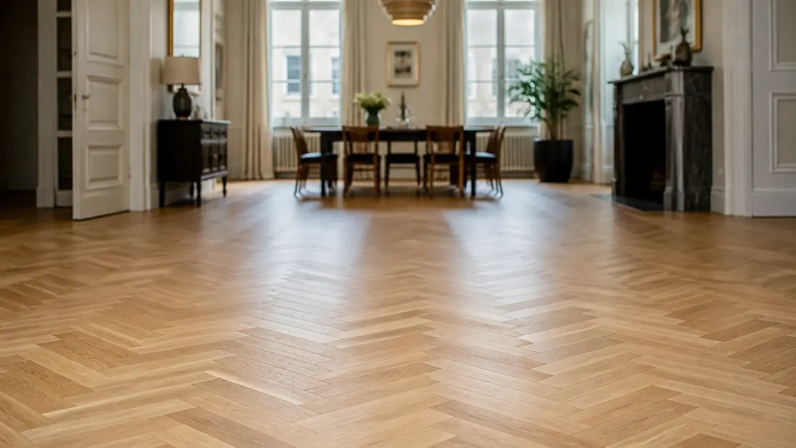 paired parquet blocks forming a wide double herringbone pattern
