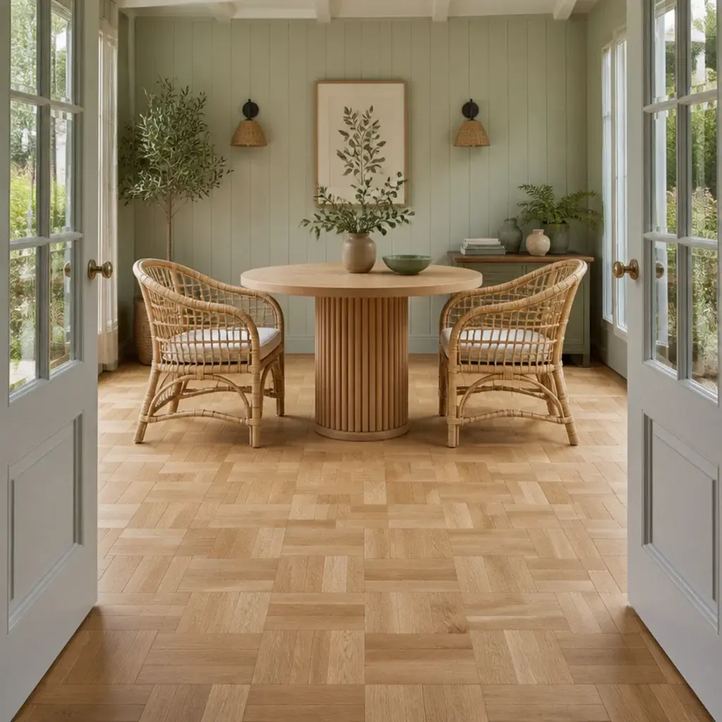 basketweave parquet squares of paired blocks across a square floor