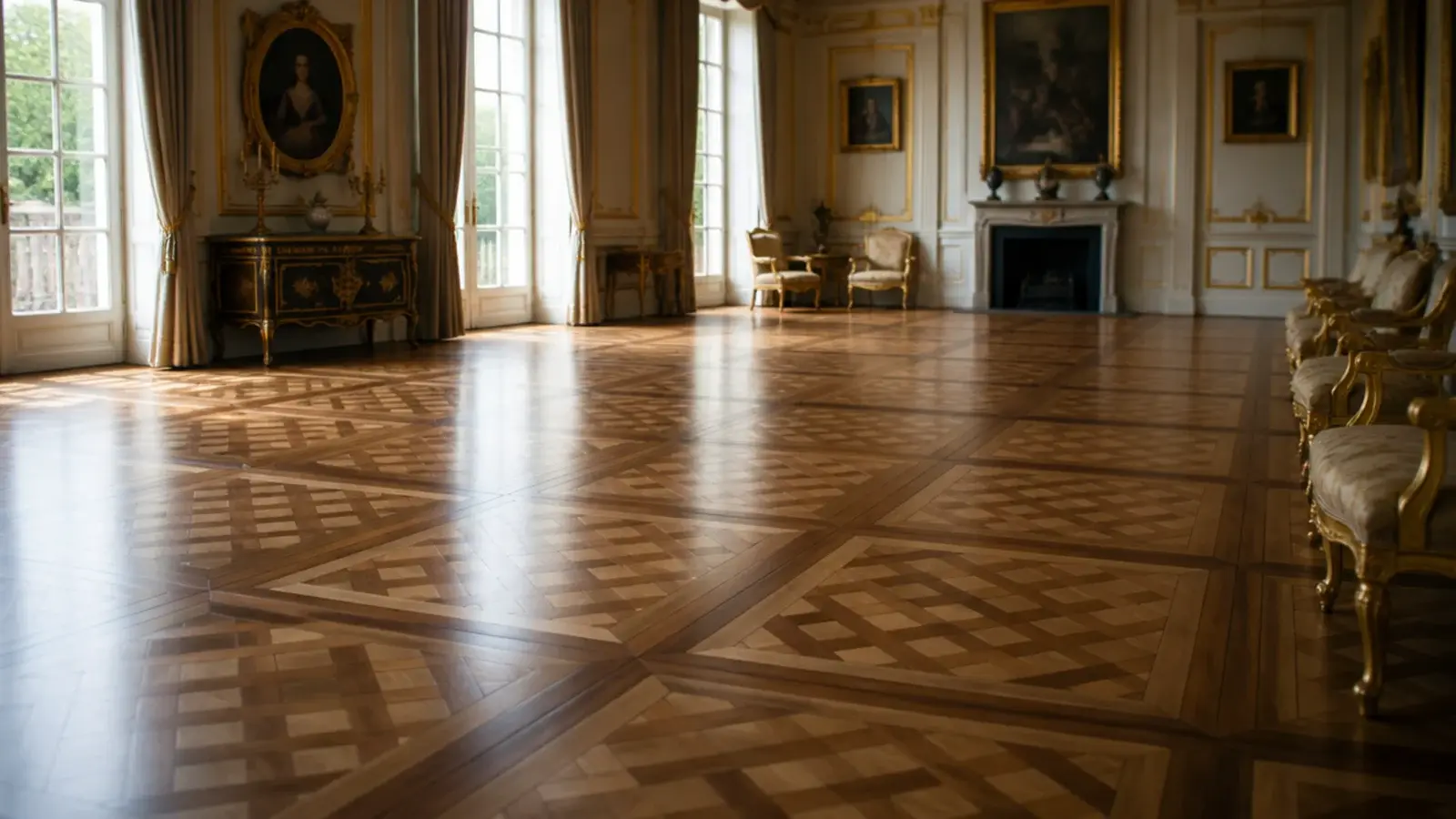 large versailles parquet panels with diagonal lattice inside square frames