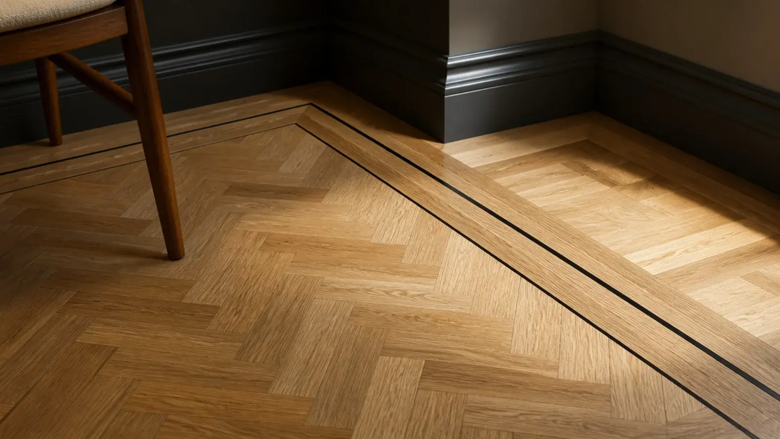 twin parquet border bands separated by a thin dark stringer line