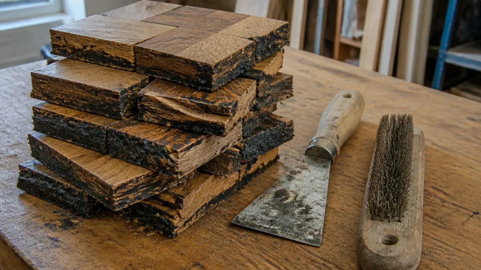 stack of reclaimed parquet blocks showing black bitumen on their backs