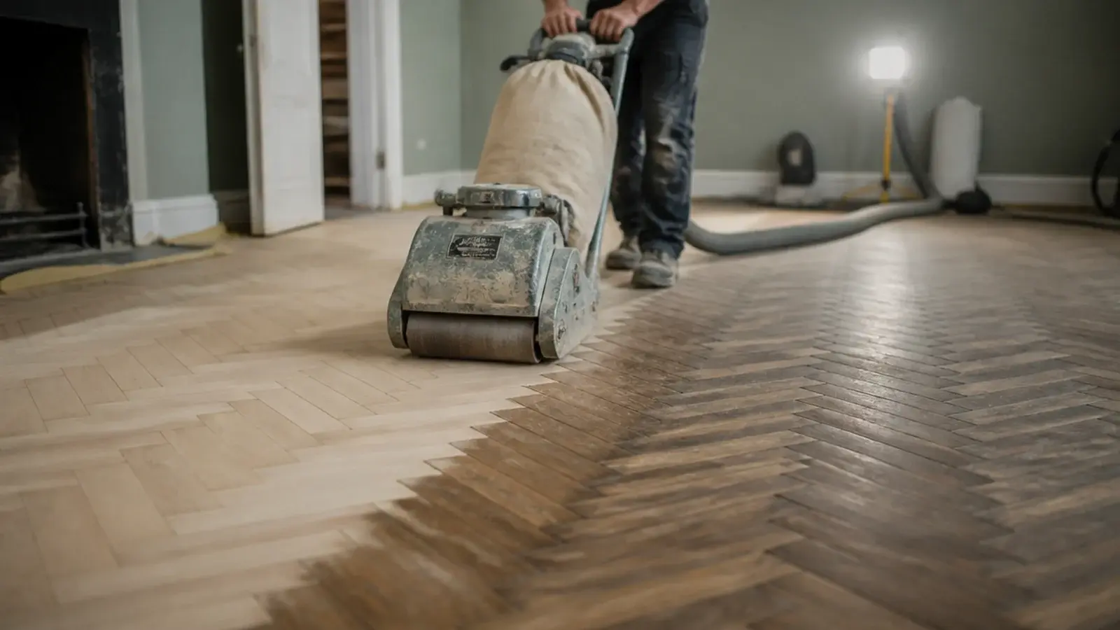 belt sander cutting through old finish on a herringbone parquet floor