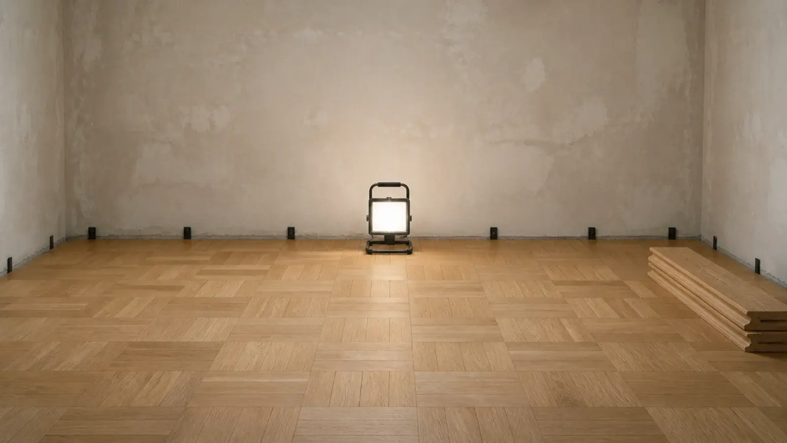 perimeter gap left between parquet blocks and a plaster wall