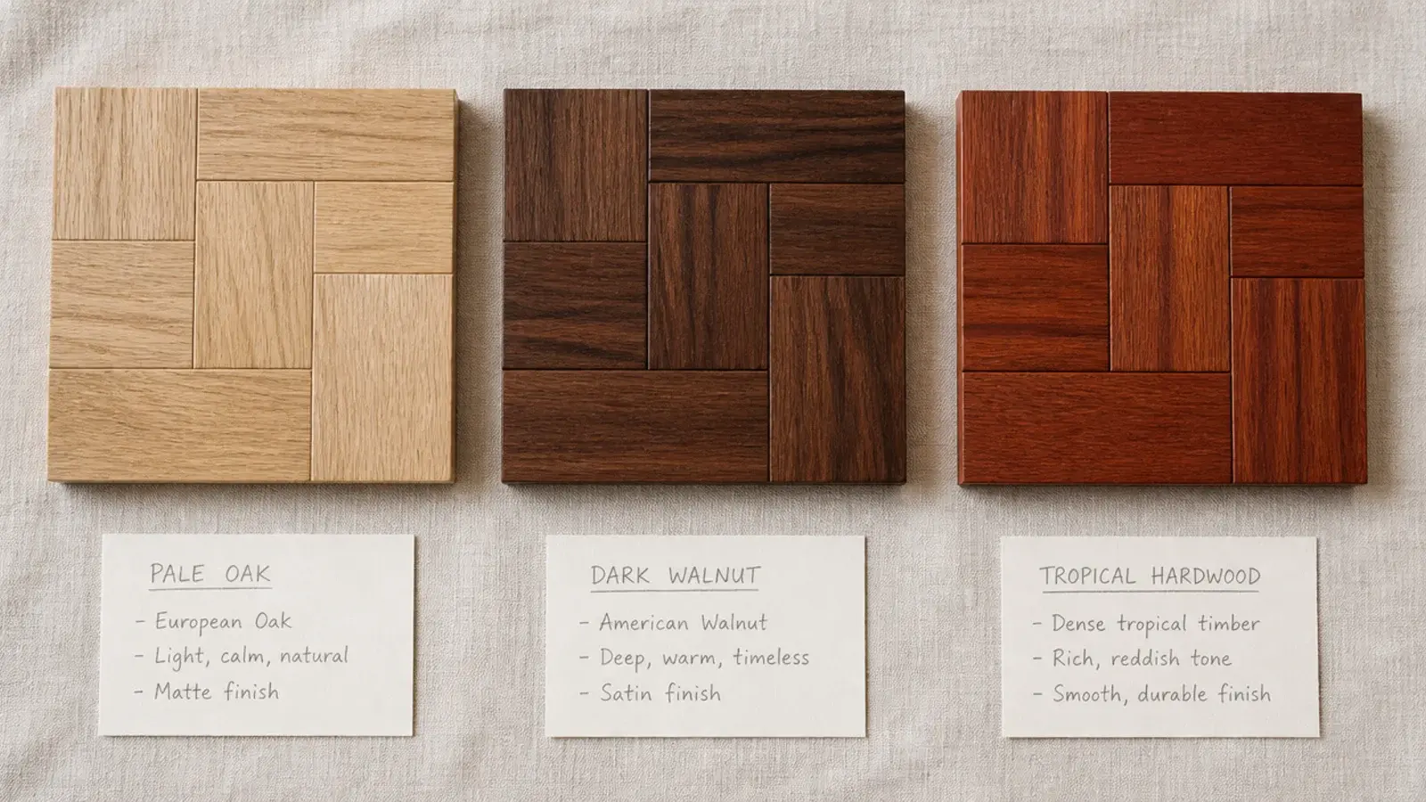 three parquet block samples in oak walnut and a dense tropical timber