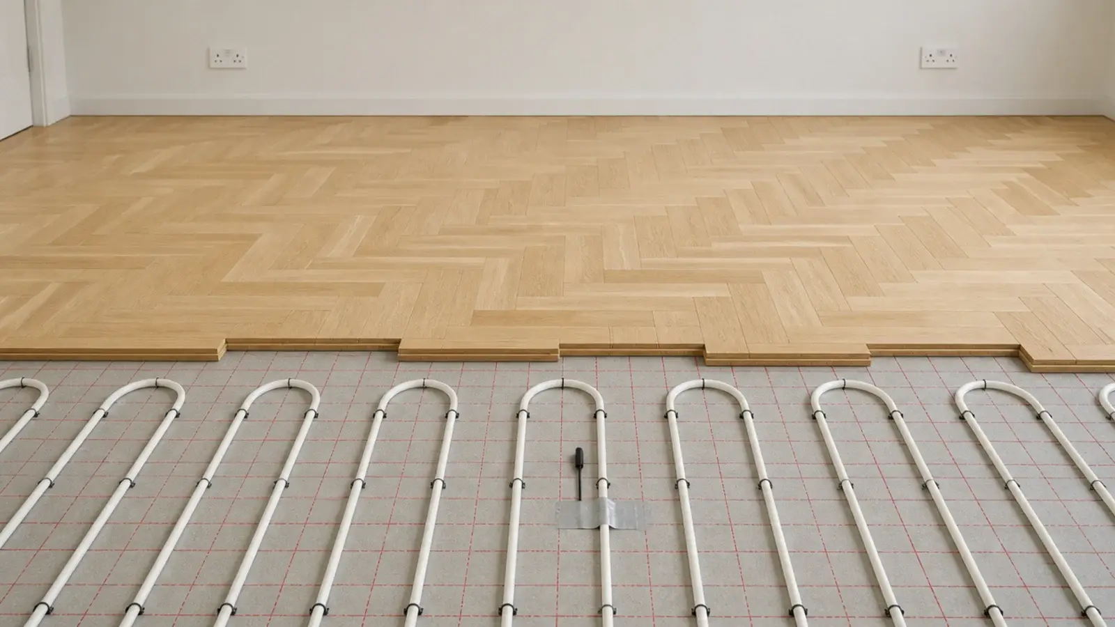engineered parquet blocks laid above a heated screed with pipes visible