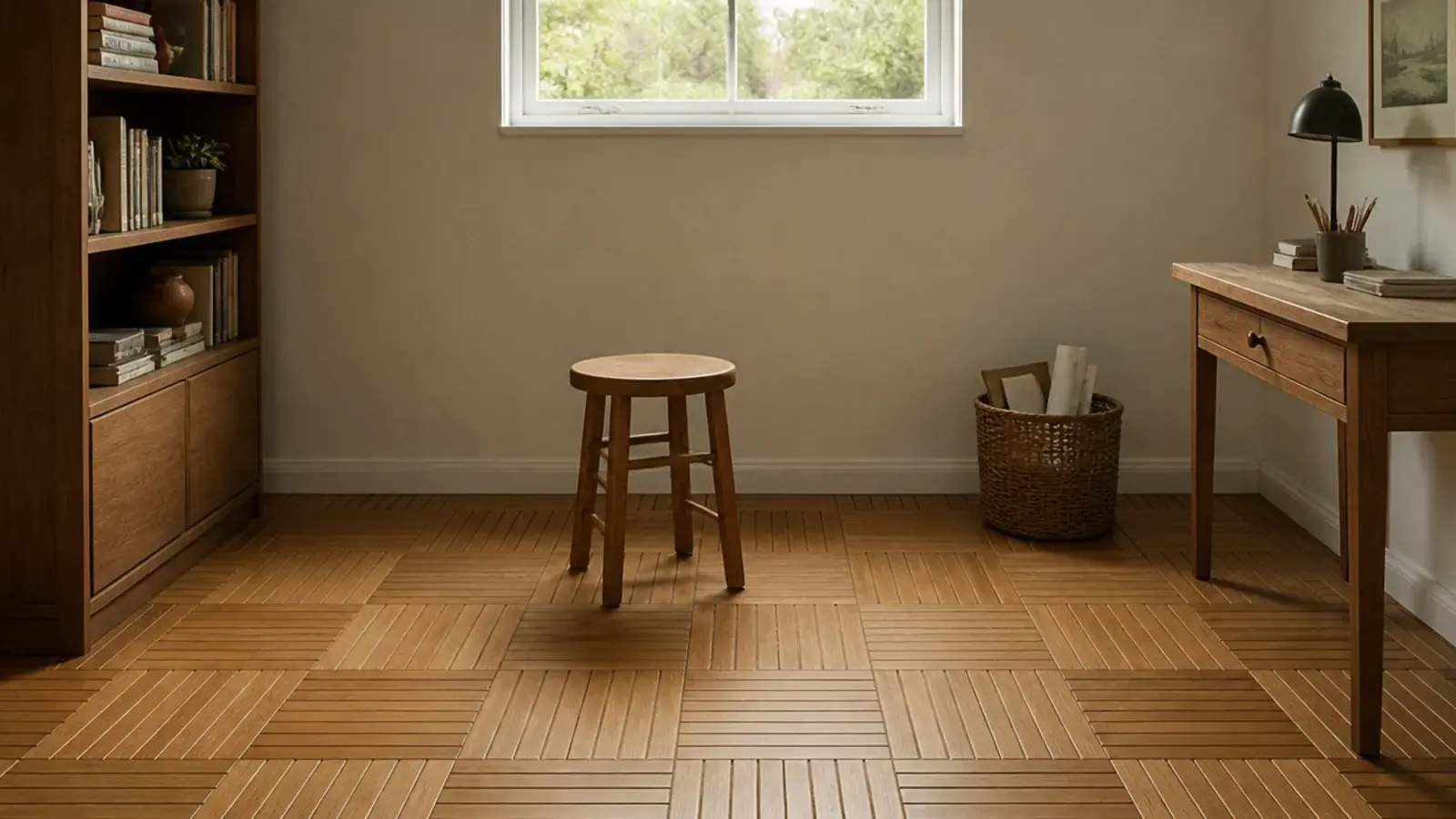 narrow finger parquet strips grouped into alternating squares on a floor