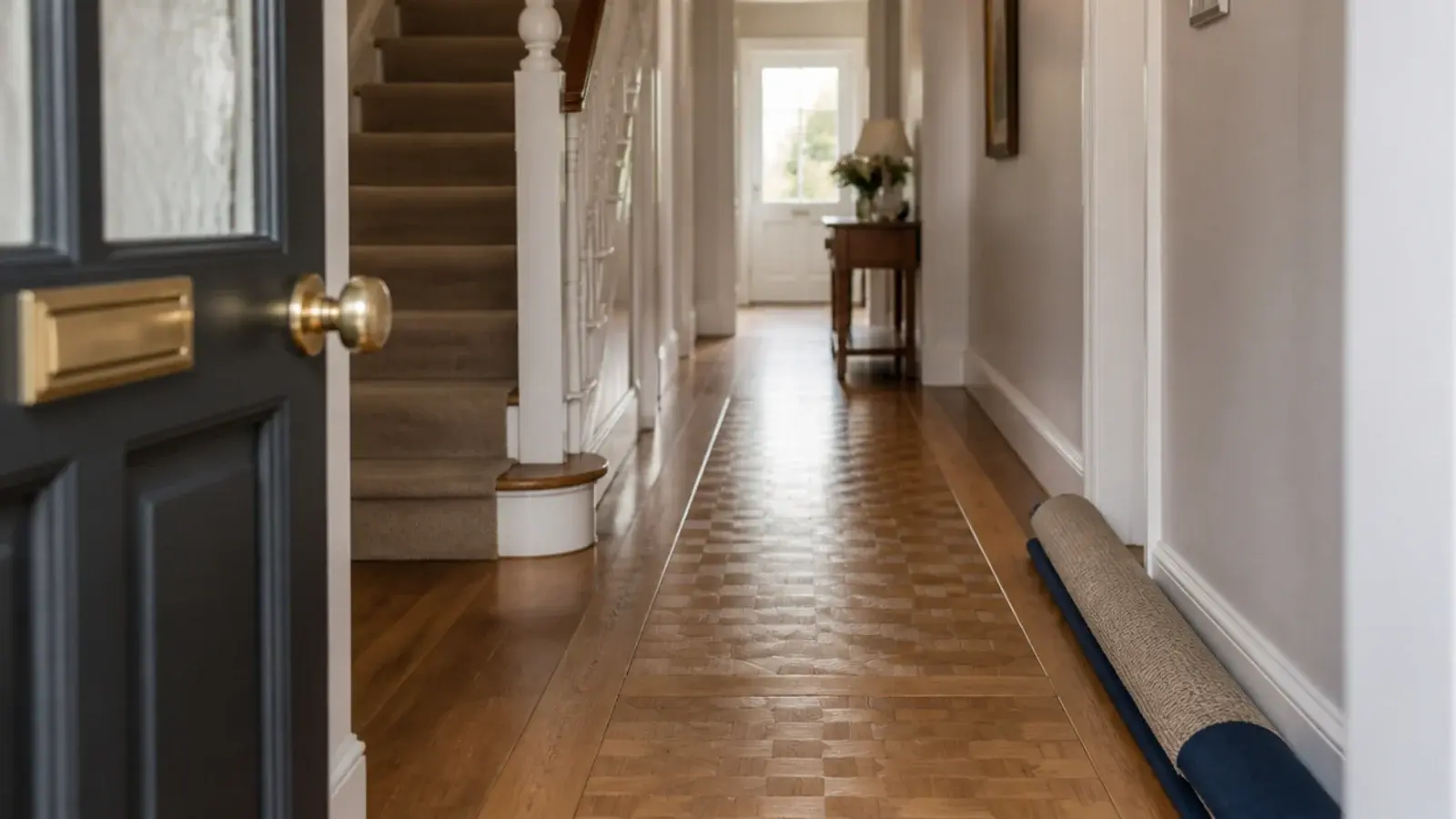 hallway parquet field framed by a wide border running to the door
