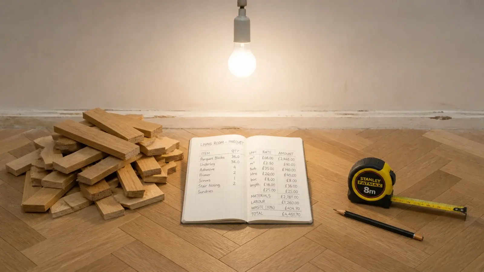 parquet offcuts and a notebook of quantities on a part laid floor