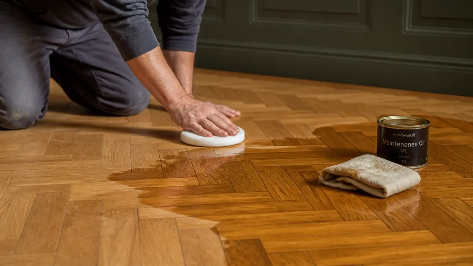 maintenance oil being buffed into a restored parquet floor by hand