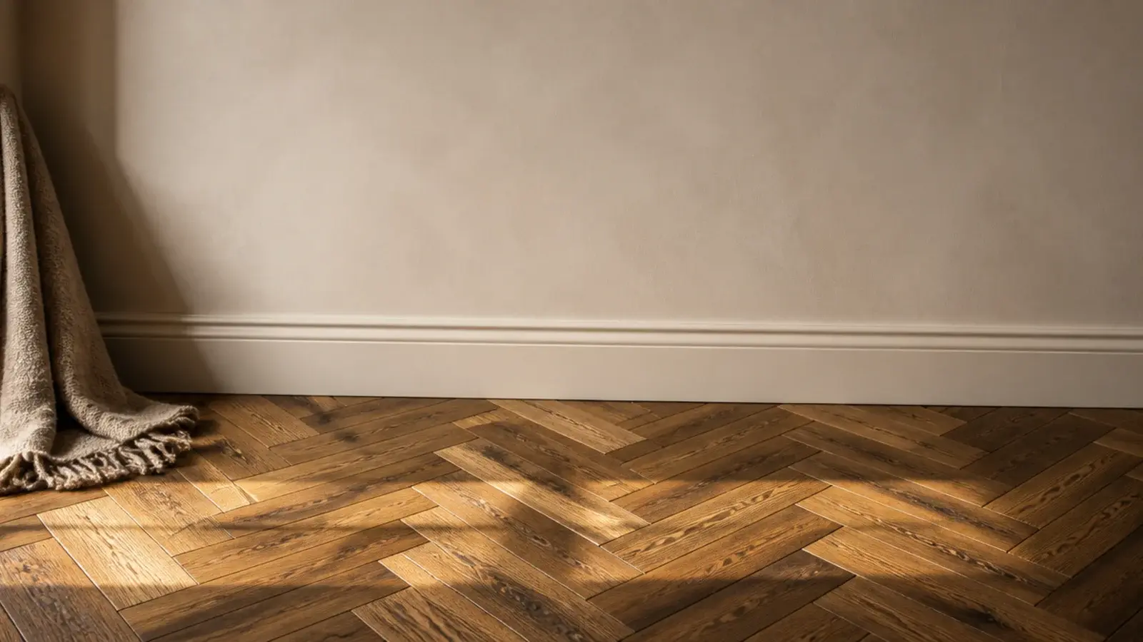 tall view of oak wooden parquet flooring meeting a pale plaster wall