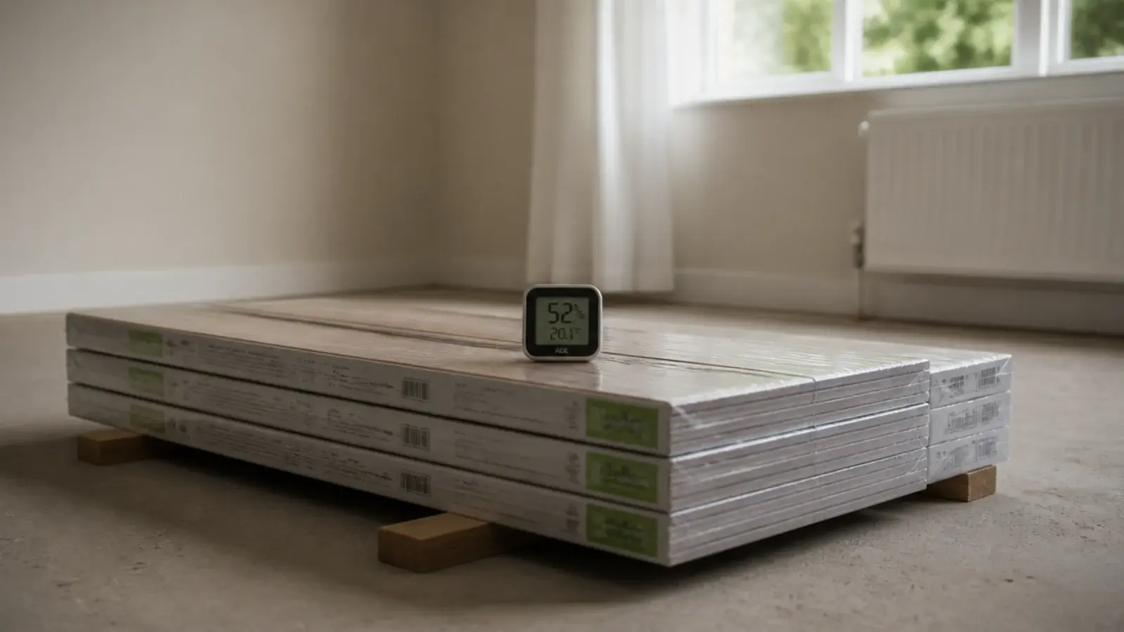 opened flooring packs stacked flat in the room they will be laid in