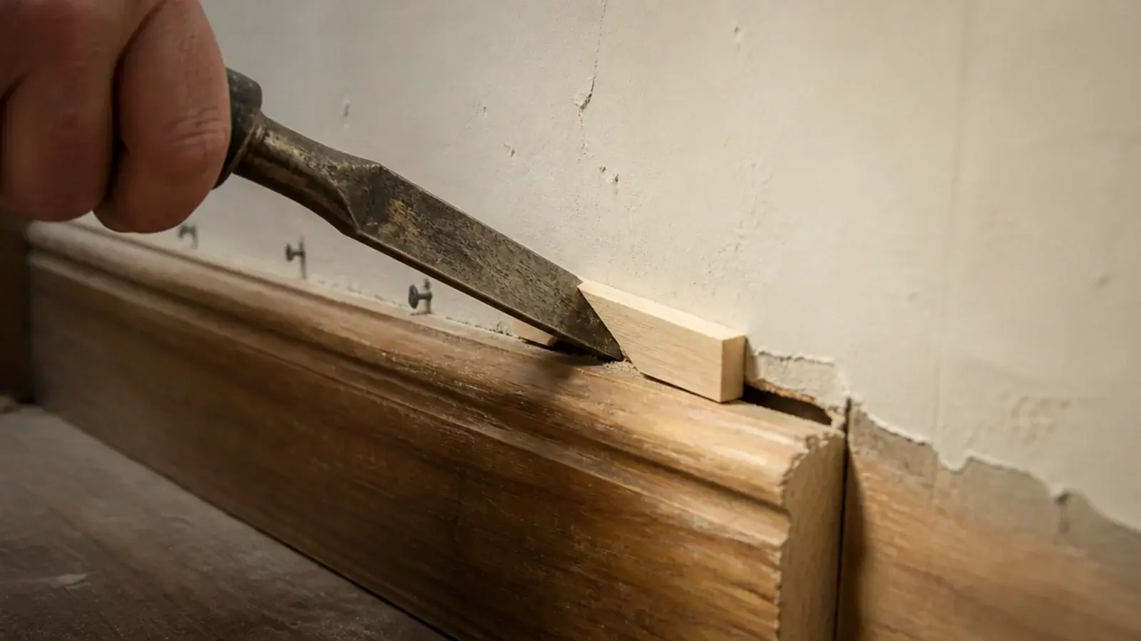 skirting board being eased away from plaster with a bolster and shim