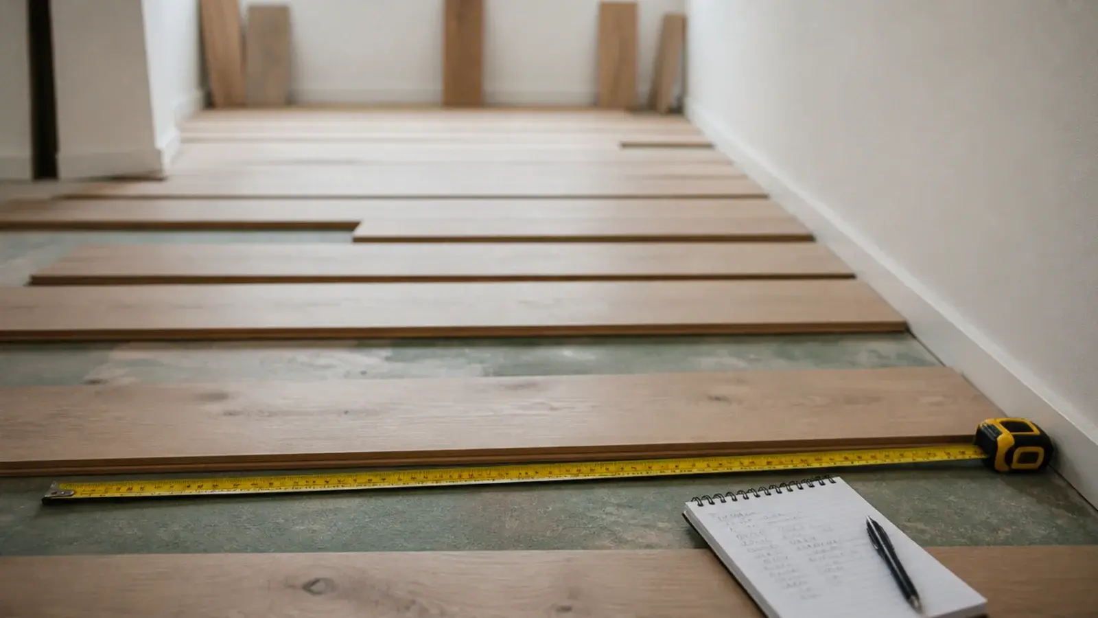 planks dry laid across a room to test the width of the final row