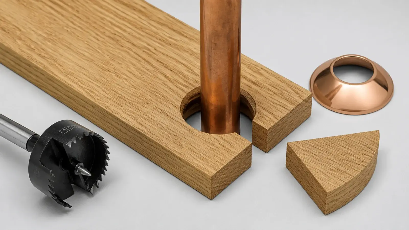 plank drilled and cut to fit neatly around a heating pipe