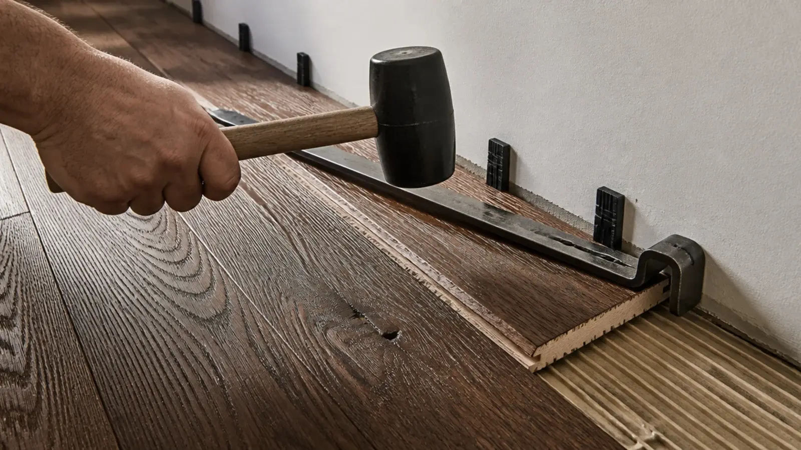 pull bar and mallet closing the final row of planks against a wall