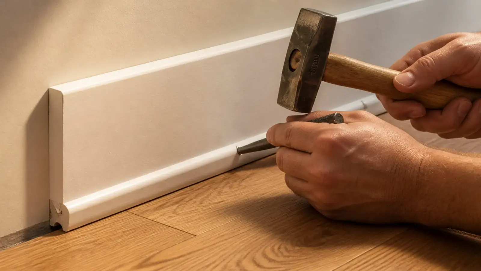 scotia bead being pinned to skirting above a finished plank floor