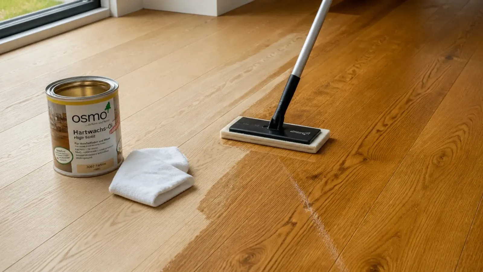 applicator pad spreading hardwax oil across freshly laid plank flooring