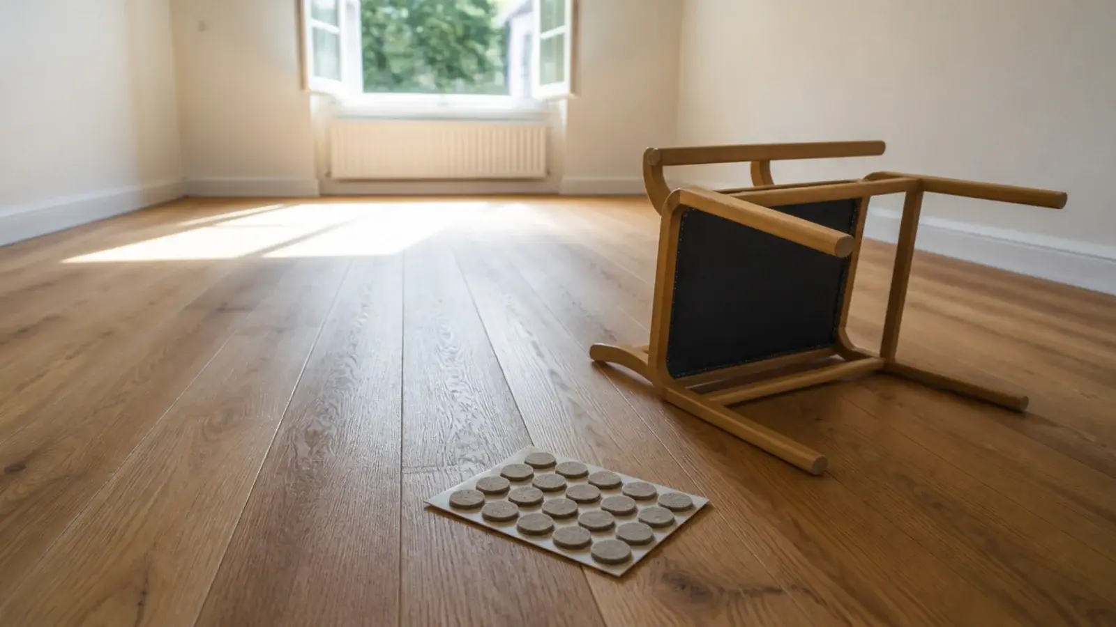 empty finished plank floor with felt pads laid ready beside a chair