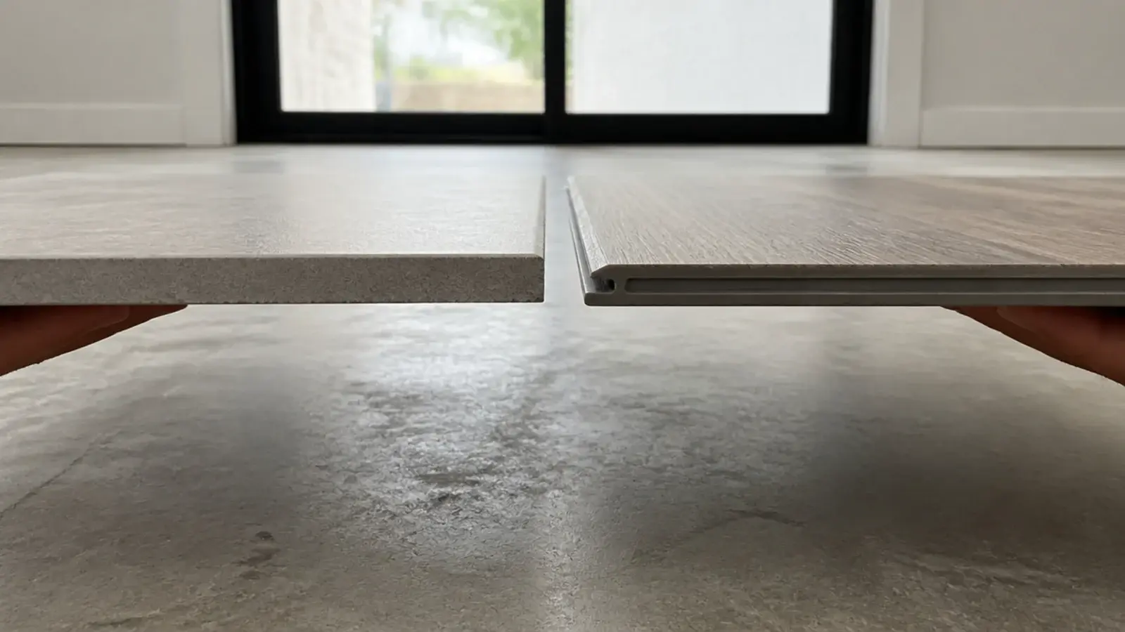 porcelain plank tile and vinyl plank held side by side over concrete