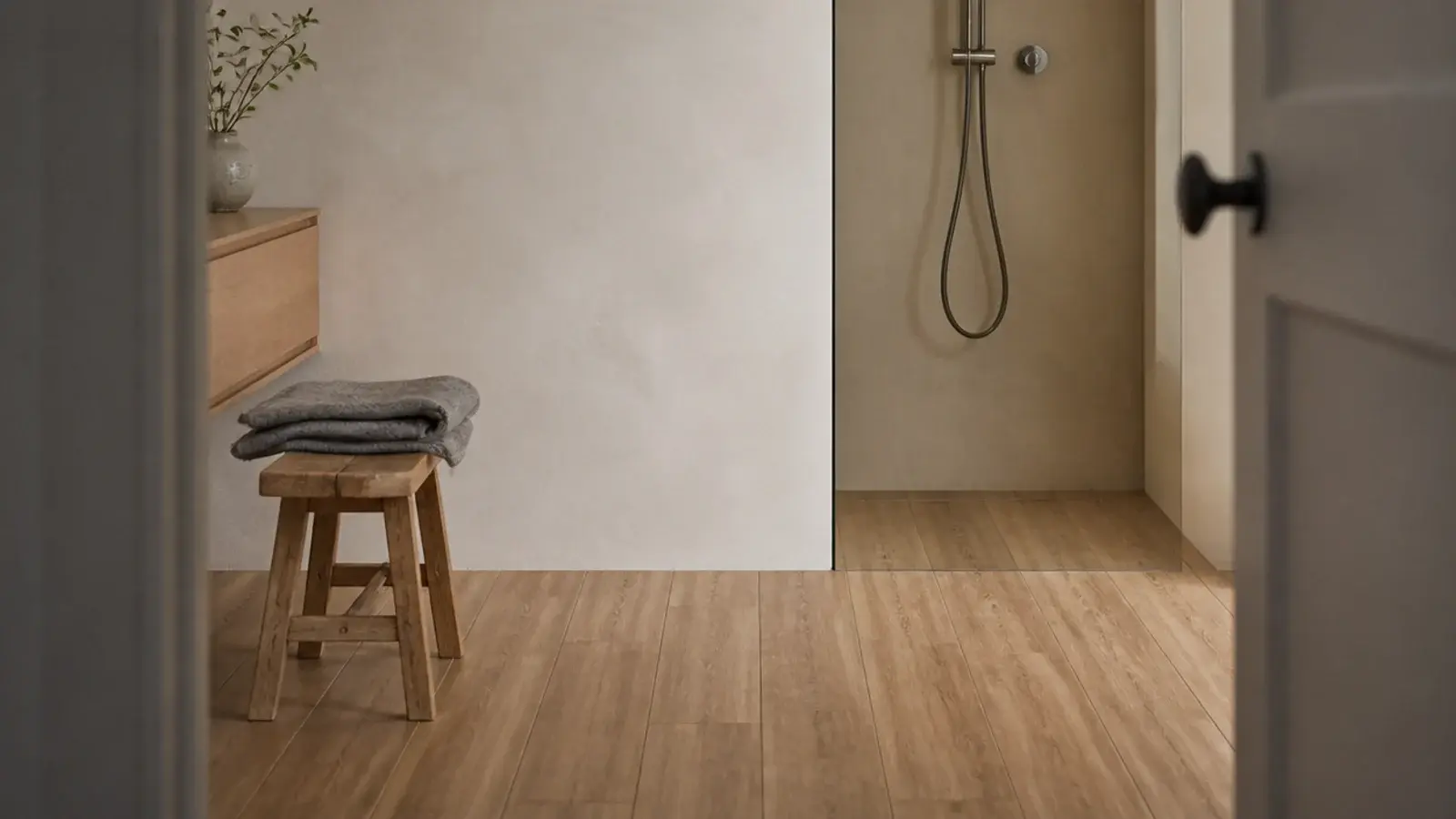 wood effect porcelain tiles running into a wet room shower area