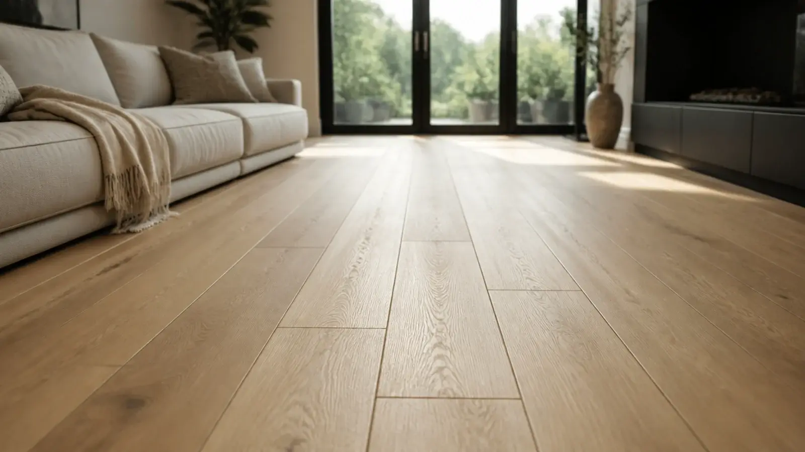 long plank format tiles laid end to end across an open living space