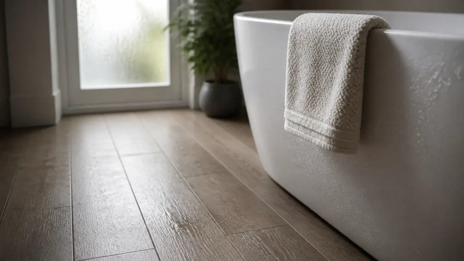 bare wooden tiles flooring beside a bath with textured non slip surface