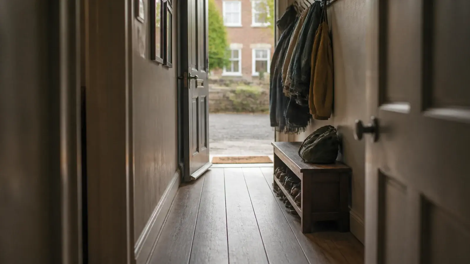 hallway plank tiles running from a front door past a shoe bench