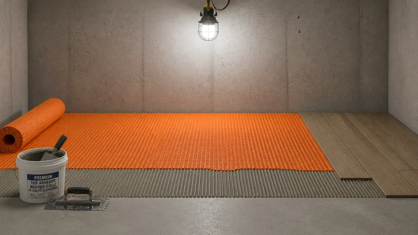 orange uncoupling membrane part laid across a slab before tiling begins
