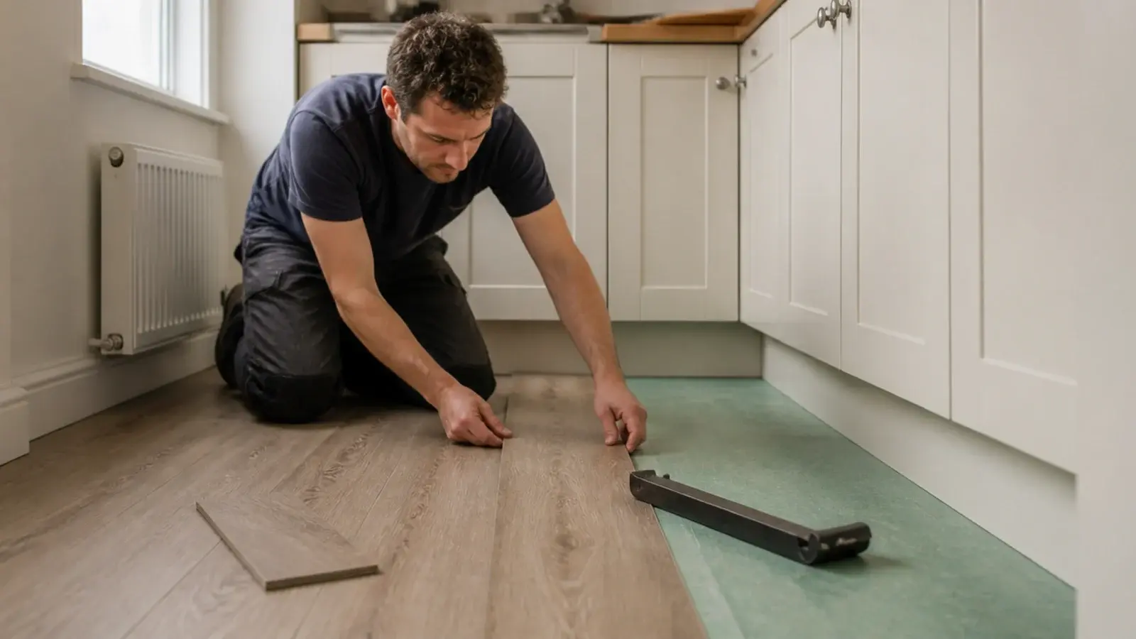 rigid core vinyl planks clicking together across a small rented kitchen