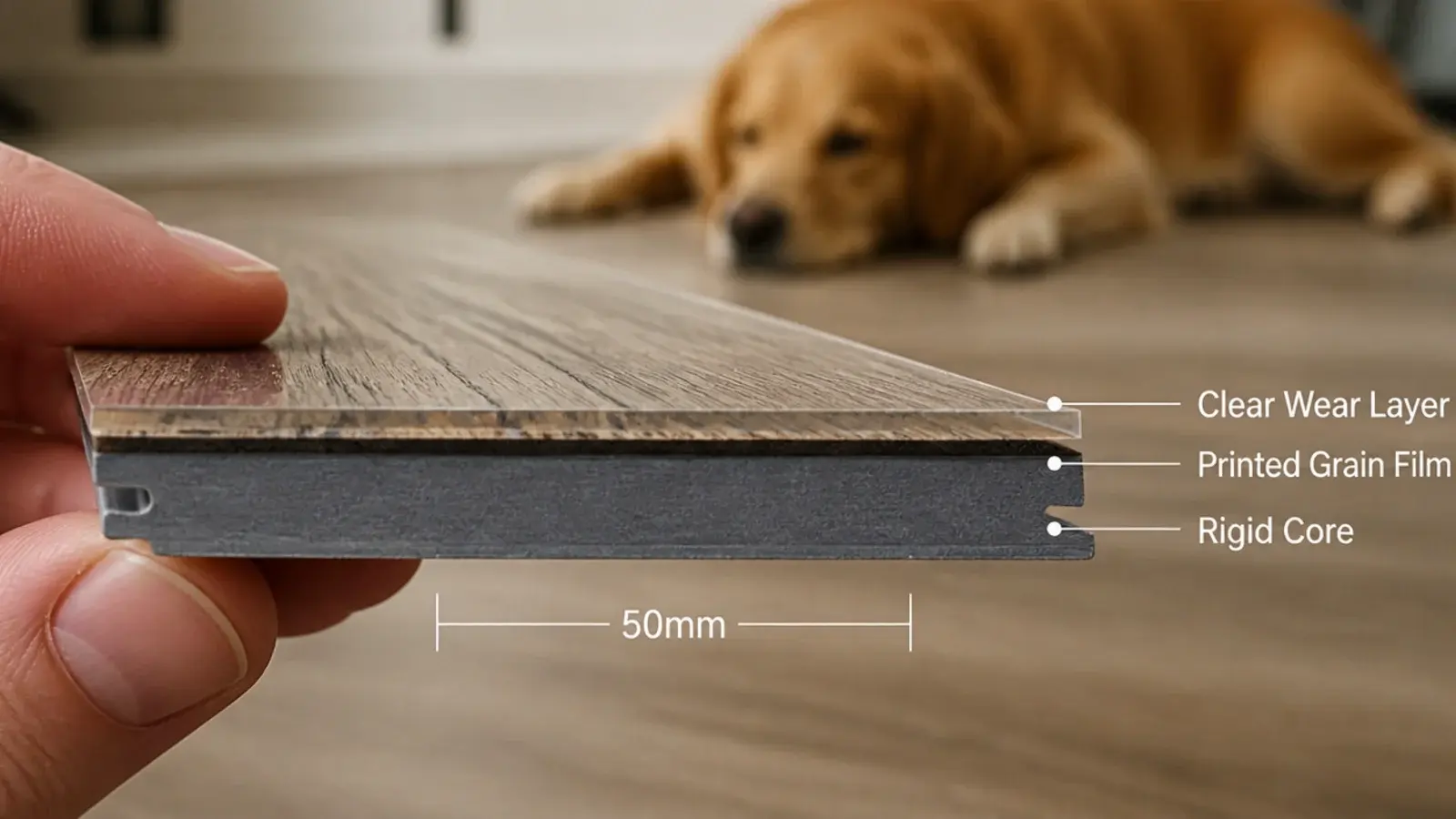 vinyl plank cross section showing the clear wear layer above printed grain