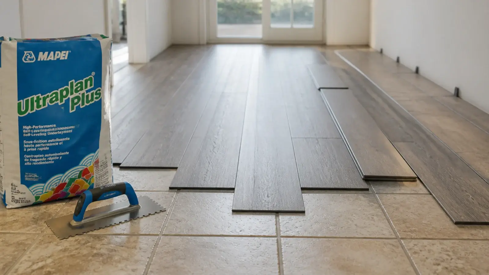click vinyl planks floating over an old ceramic tiled floor mid install