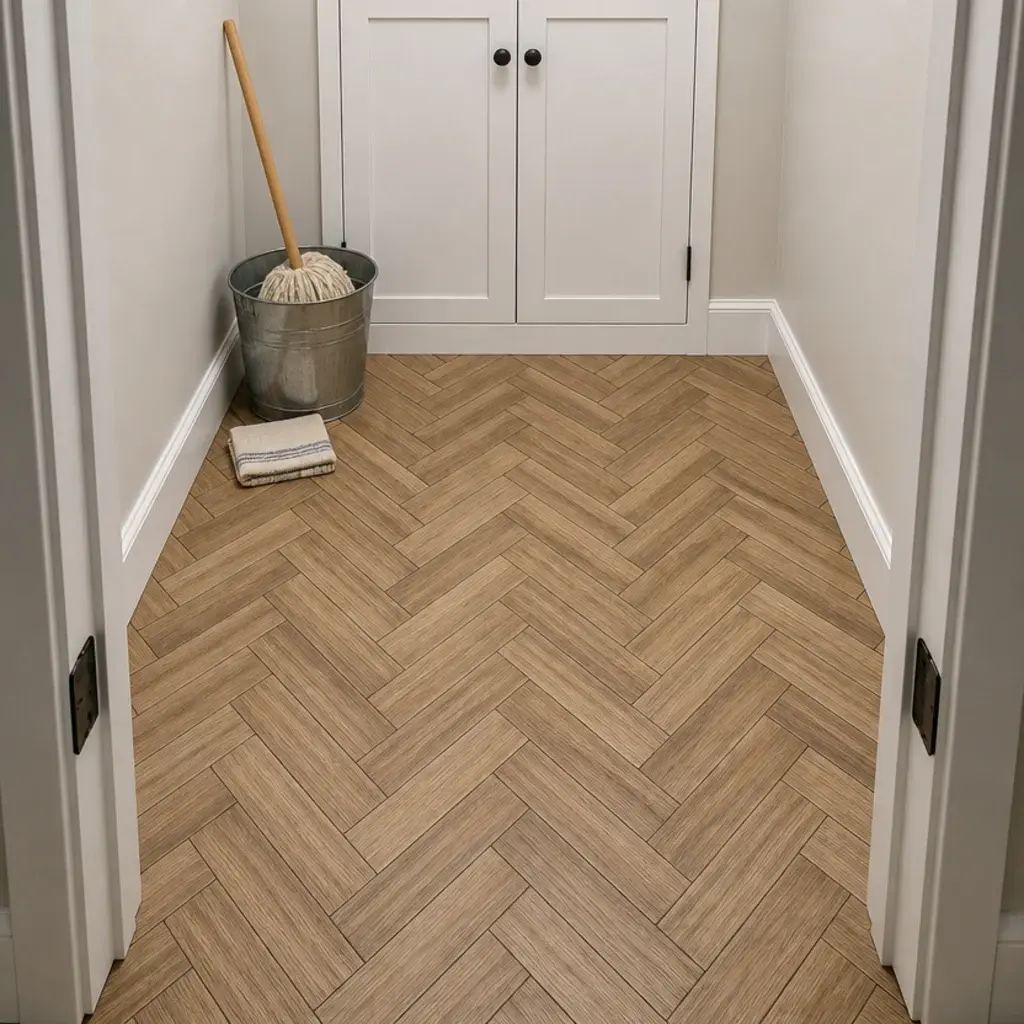 short wood effect tiles set in a herringbone pattern across a small floor
