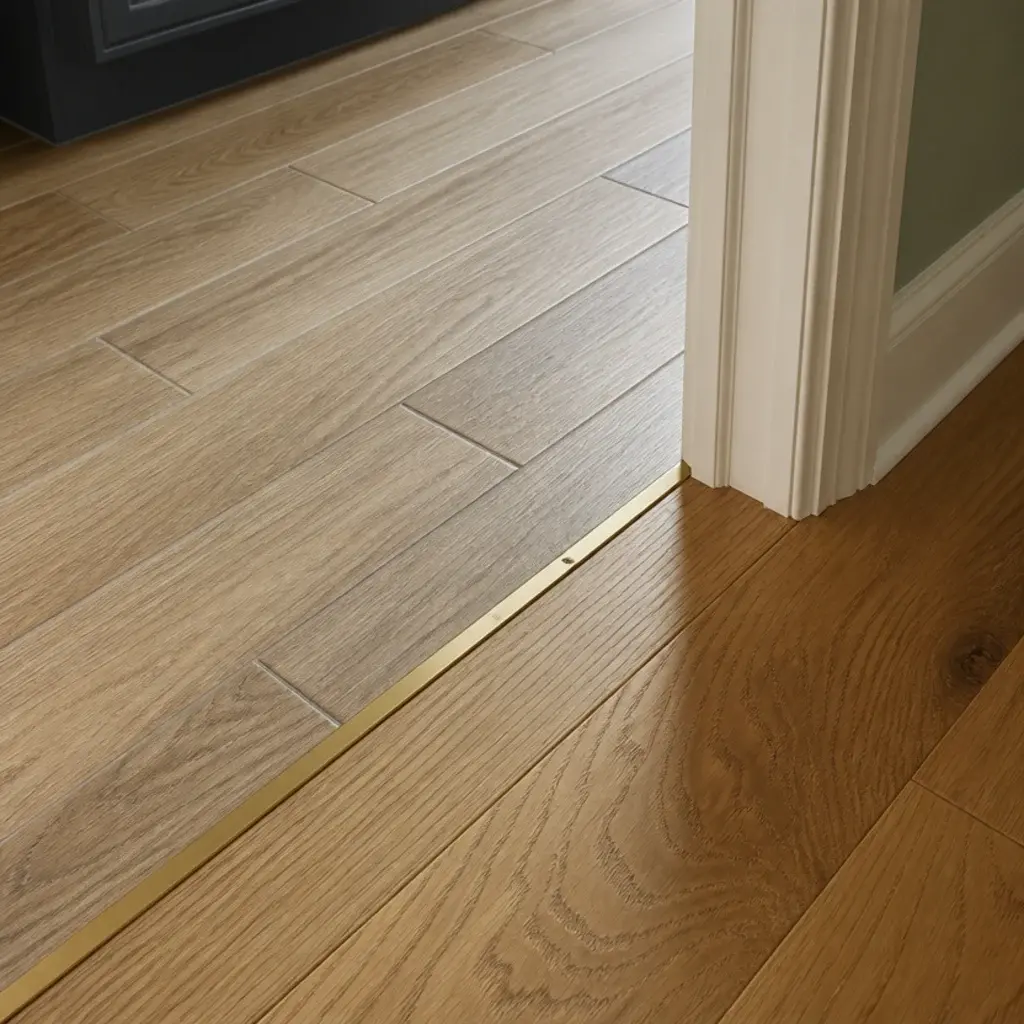plank tiles meeting real oak boards at a kitchen threshold with brass trim