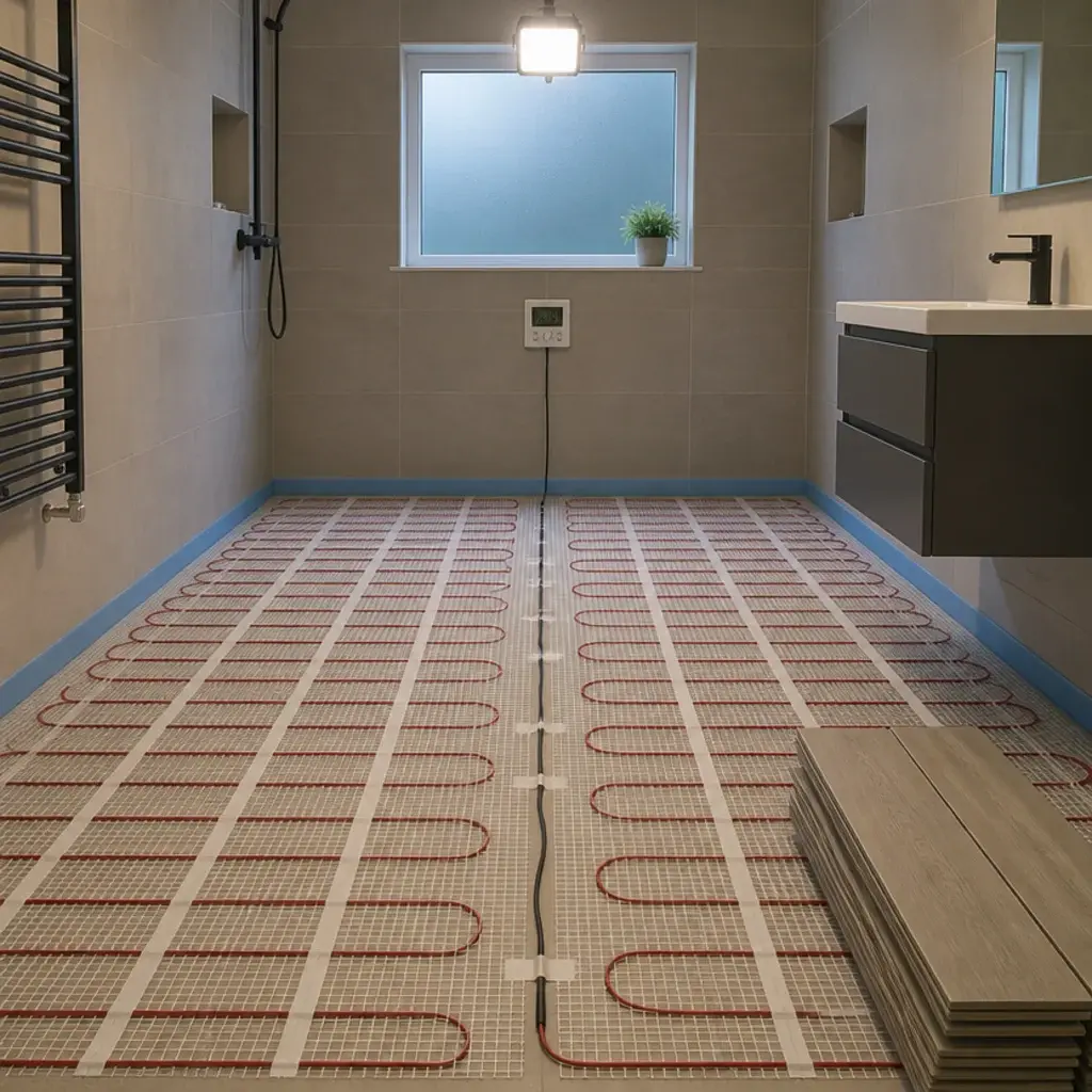 electric underfloor heating mat rolled out before plank tiles are set
