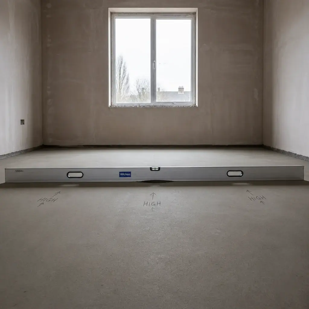 long straightedge laid across a floor screed checking for high spots