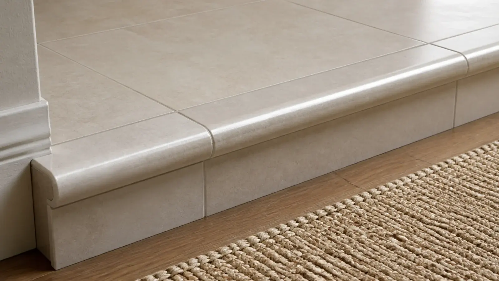 bullnose trim tile finishing the exposed edge of a tiled step