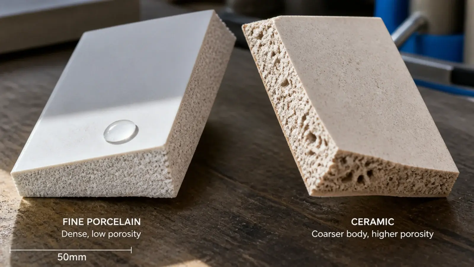 two tile samples showing dense porcelain body against softer ceramic body