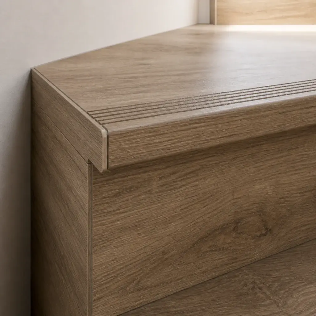 wood effect nosing tile capping a stair tread with a grip groove