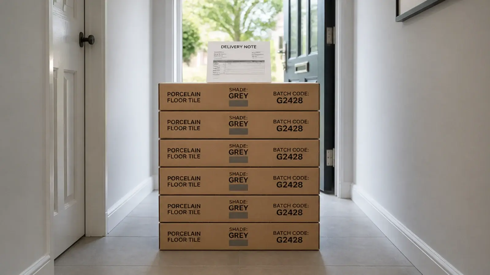 tile boxes stacked with matching shade and batch codes facing outward