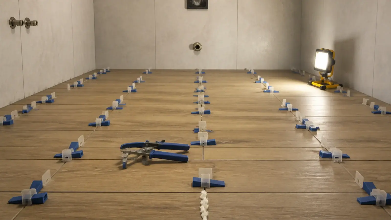 plastic levelling clips and wedges set between newly laid plank tiles